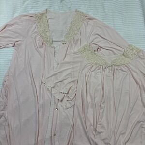 Vintage Shadowline Pink Nightgown Robe Set Lace Pearl Detail XL Made in USA